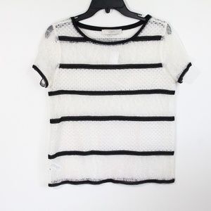 Women Sheer Lace Top XS New Loft Blouse Nautical Striped short sleeve Shirt